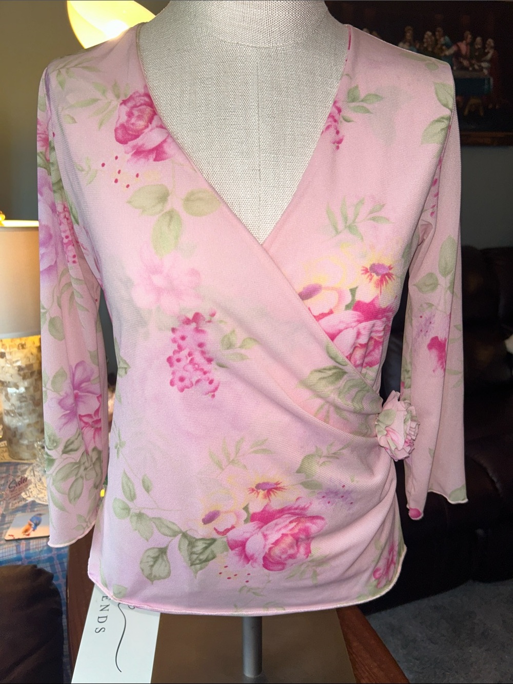 Fashion Bug - Y2K- Pink Floral Wrap Blouse Size Medium